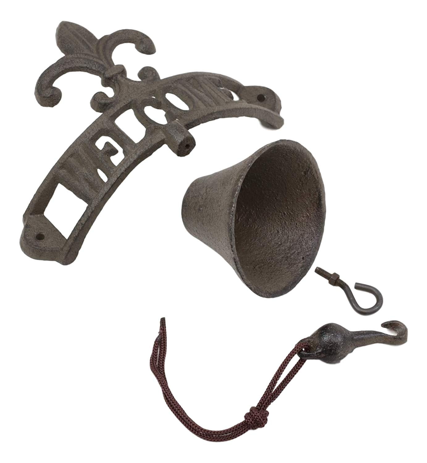 Cast Iron Rustic French Fleur De Lis Crown Welcome Sign Door Wall Yard Bell