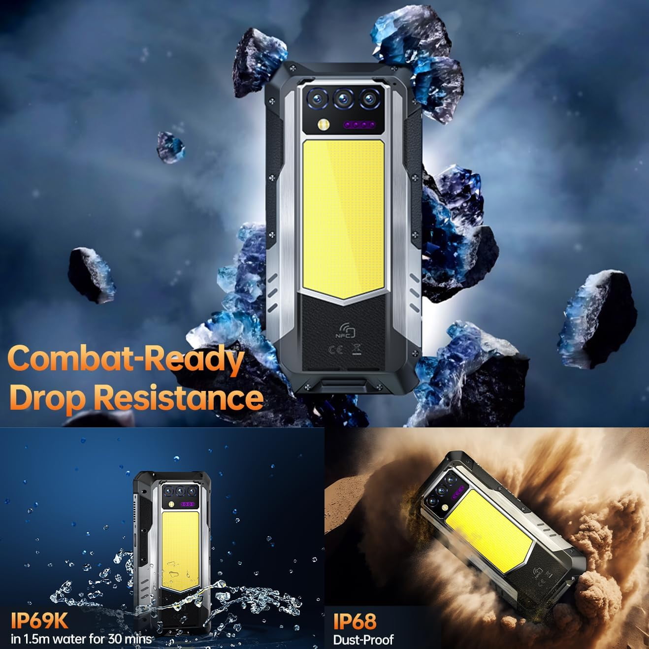 OUKITEL WP100 Titan Rugged Smartphone 5G - 33000mAh Rugged Phone with Projector, 48GB+512GB Unlocked Android 14 Cell Phones with 1200 Lumens Camping Light, 6.8'' FHD+120Hz Smartphone, 200MP, Black