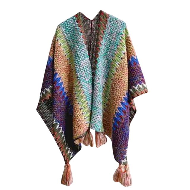 WZXFASHION Womens Shawls Soft And Comfortable Knitted Sweater Tops Shawl Tassel Fringed Wraps Matching Cardigan Sweater Irregular Hem Splicing Colourful Sweater Cardigan Scarf Green1 One Size