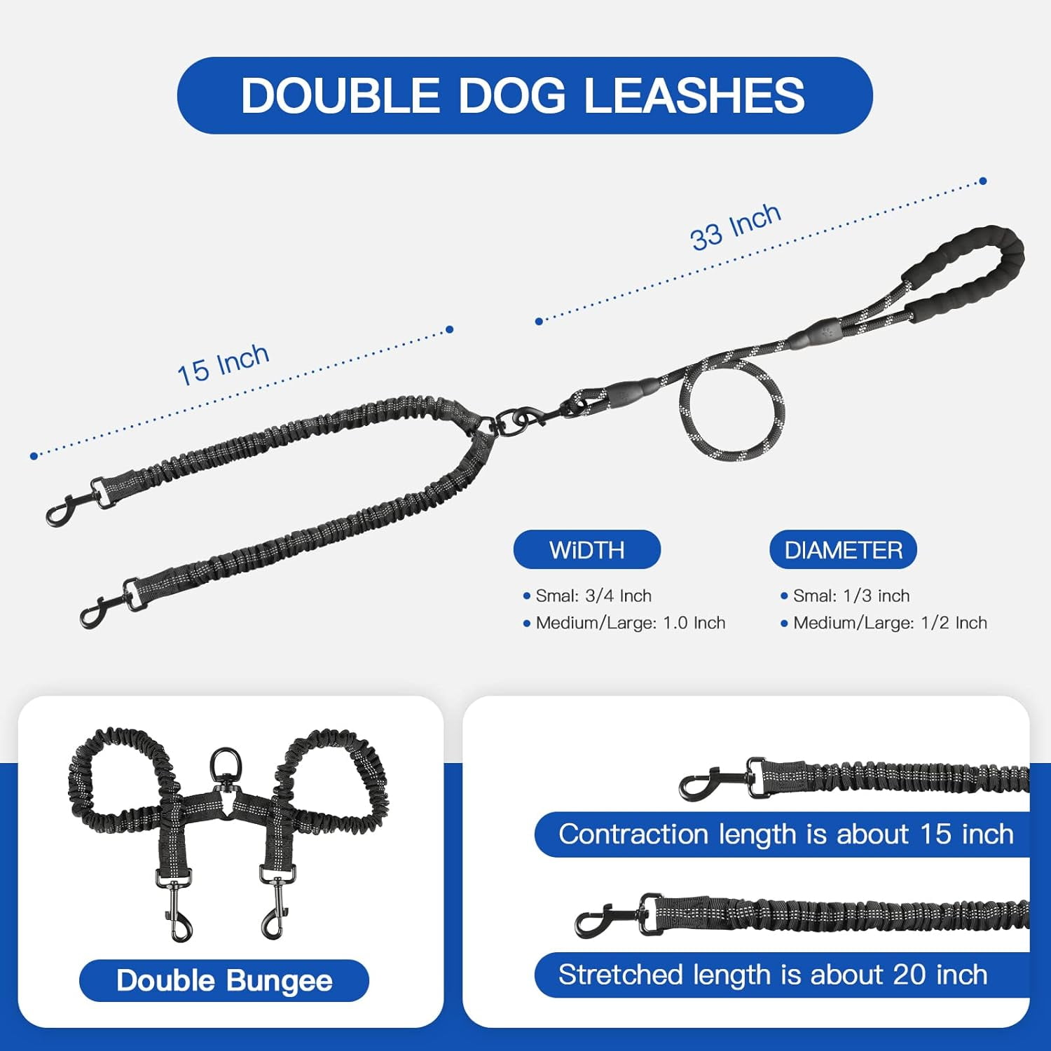 Double Dog Leash, Dual Dog Leash, 360° Swivel Tangle Free Bungee Walking Training for Large Medium Dogs, Shock Absorbing Bungee Reflective for Two Dogs, 18~121 lbs