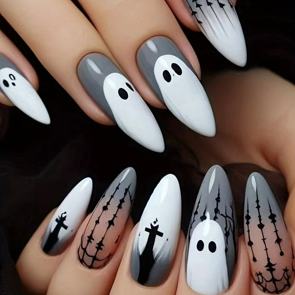 Yoyauz 24pcs Almond Shaped Nail, Fake Nail, White Ghost Design, Charming Acrylic Nail, Halloween Suitable For Girls And Ladies