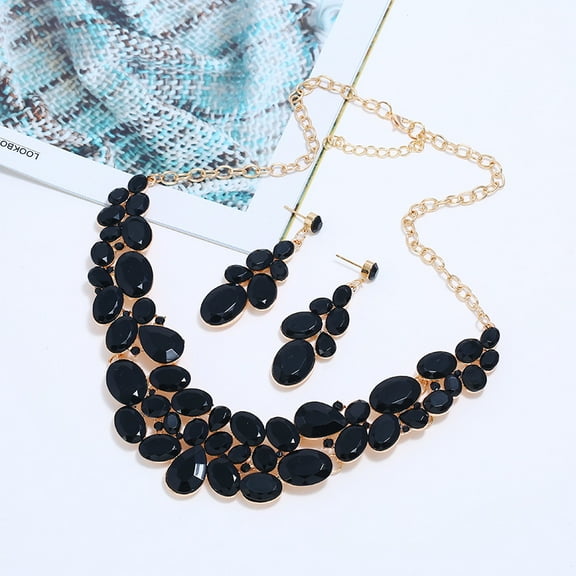 Oval Alloy Glass Stud Earrings & Bib Necklaces sets for Women Black 500mm