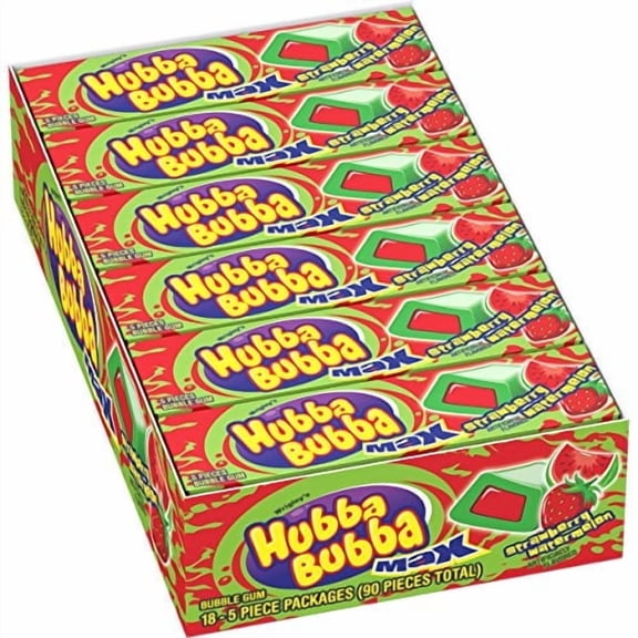 HUBBA BUBBA MAX STRAWBERRY WATERMELON BUBBLE GUM — 5 PIECES PER PACK — 18 COUNT VALUE BOX — SWEET & FRUITY CHEWY GUM WITH LONG-LASTING FLAVOR