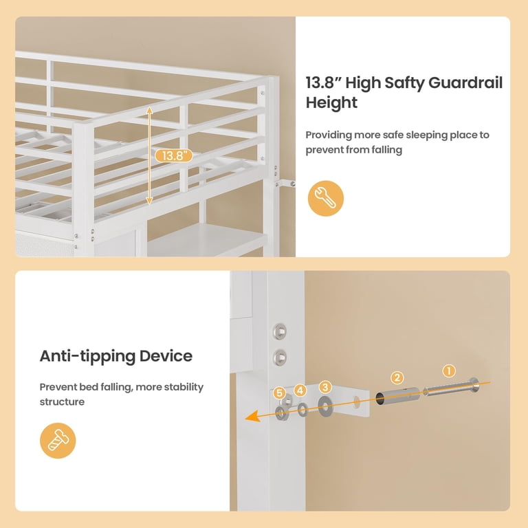 AMUZER Twin Size Loft Bed with 9 Storage Dresser, LED Lights, 2 Storage  Shelves & Stairs, Metal Low Loft Bed with Safety Guardrail for Young Teens,  Space Saving, White - Walmart.com