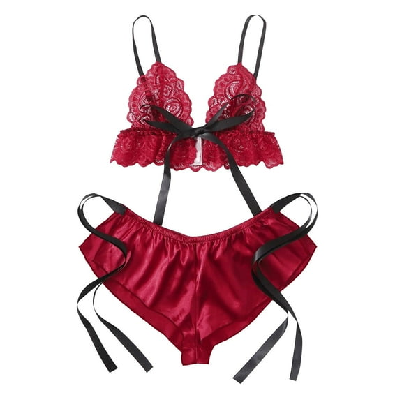 Sexy Women Satin Lingerie Sleepwear Set Wireless Bra with Bow Lace Detail Comfortable Pajamas Shorts for Relaxation