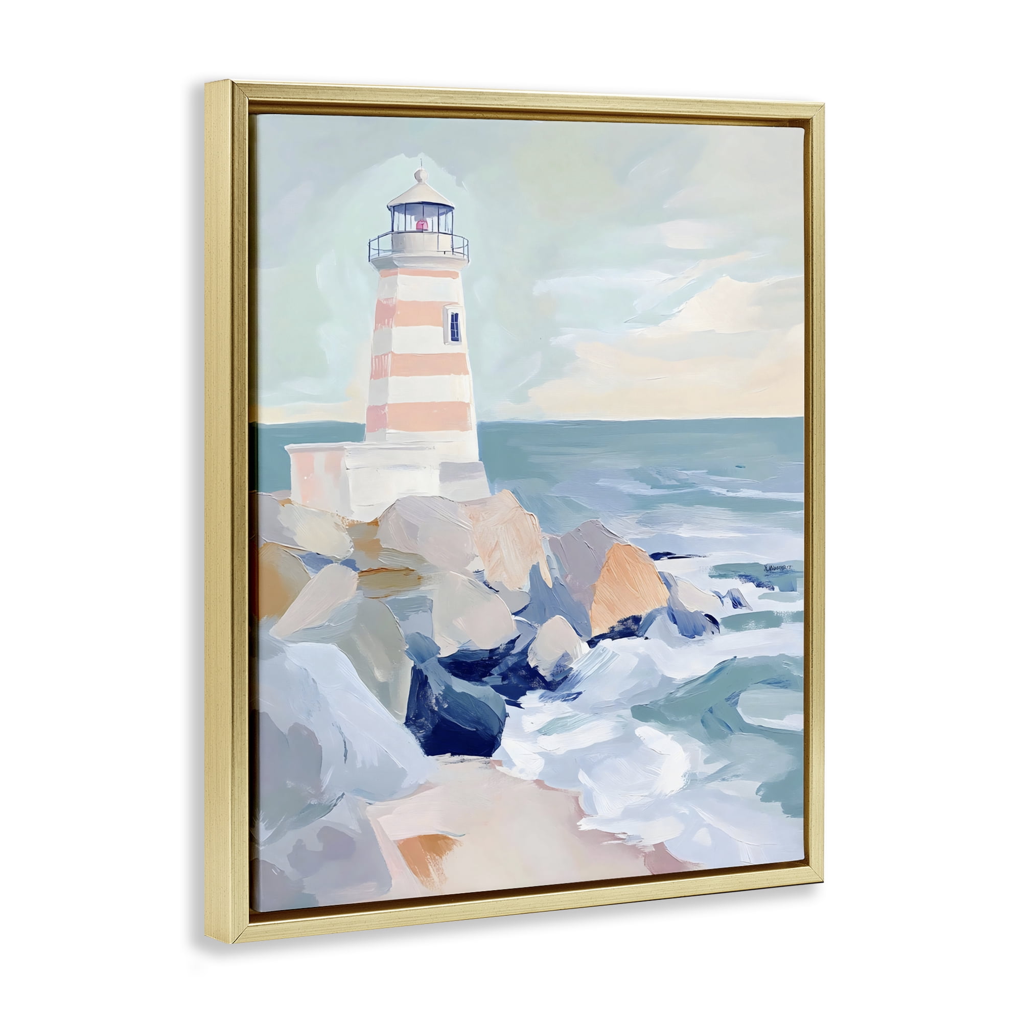 Stupell Industries Coastal Lighthouse in Pastels Gold Framed Floater Canvas Wall Art, design by Creative Studio
