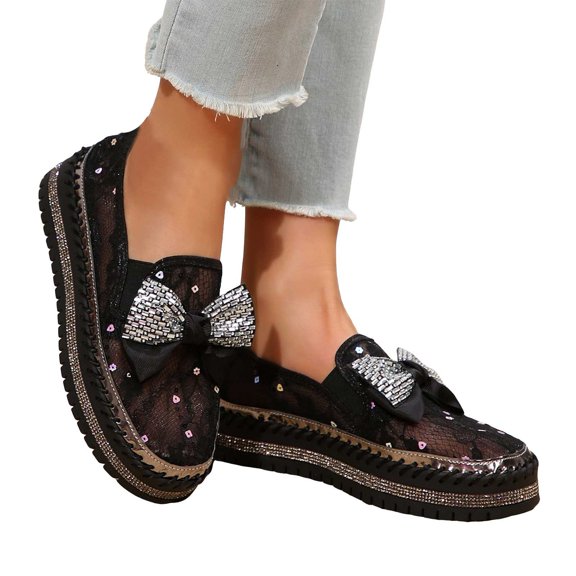Women's Rhinestones Glitter Bow Platform Sneaker Handmade Flat Casual Slip On Loafers Comfort Low Top Walking Shoes