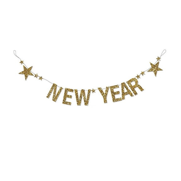 SOPOTUTU Golden New Year Bunting with Glitter Stars for Festive Holiday Party Atmosphere