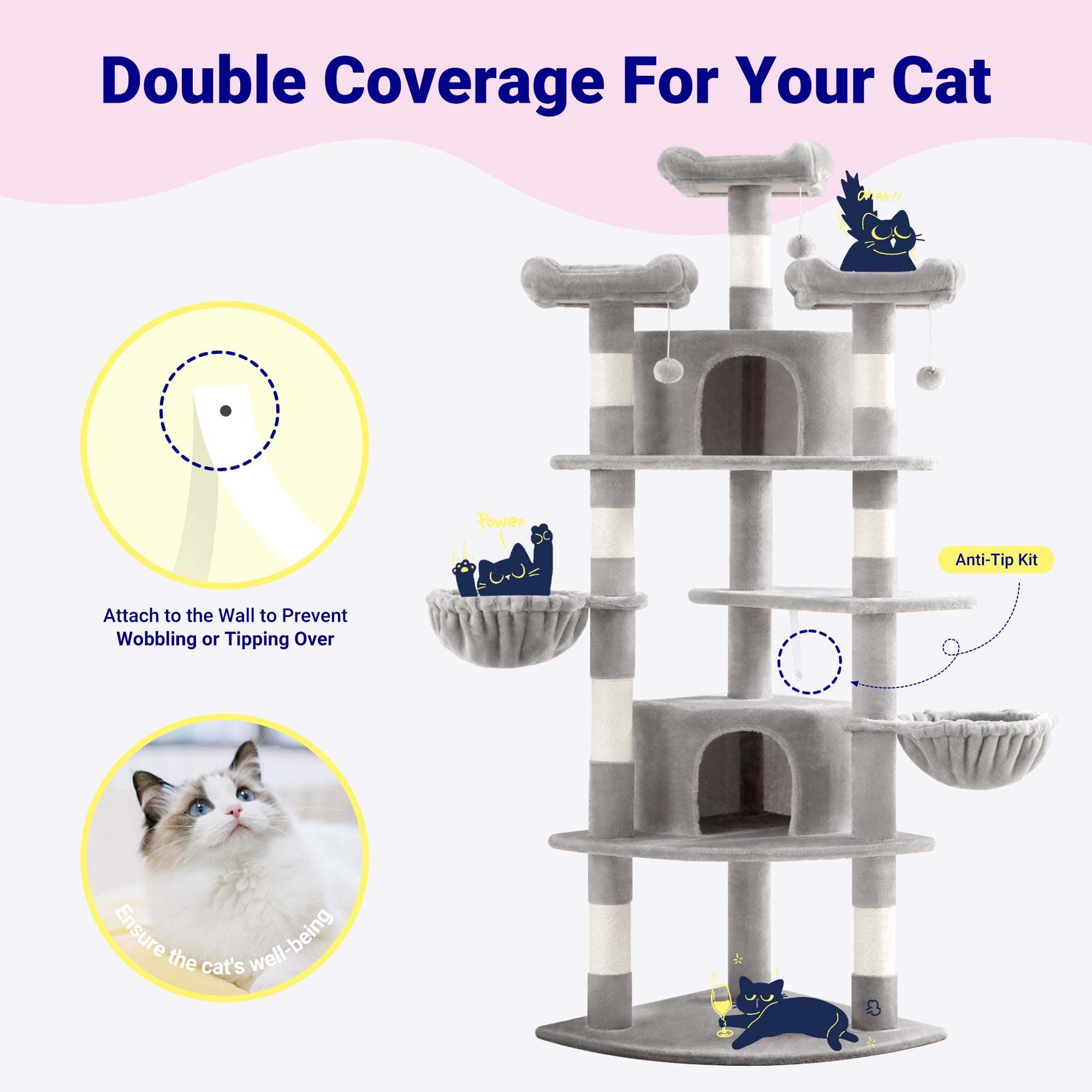 Allewie 73in Fan-Shaped Space-Saving Corner Cat Tower, Multi-Level Tall Cat Tree for Indoor Kitties, Cozy Baskets, Condos, House, Perches, Sisal Scratching Posts, Grey