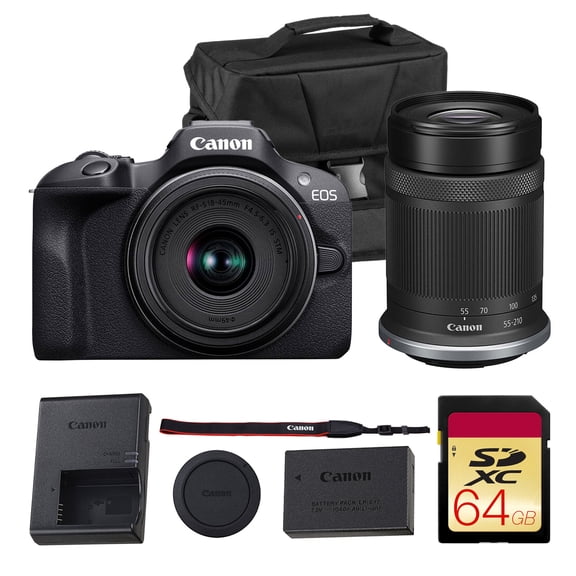 Canon EOS R100 Mirrorless Camera Kit – APS-C RF Camera with 18-45mm & 55-210mm Lenses, 24MP Sensor, 4K Video & Dual Pixel AF (6052C022)   Canon Shoulder Bag   64GB Memory Card