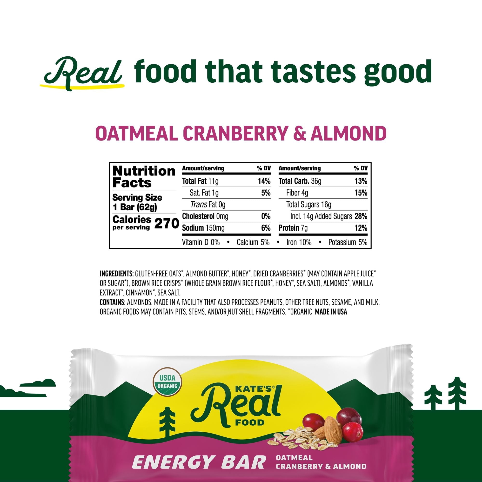 Kate’s Real Food Organic Granola Oatmeal Cranberry & Almond All Natural Energy Bars - Non GMO, Soy Free, Whole Grain, and Made with Gluten Free Oats - 12 count