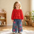 thumbnail image 5 of Curenmufel School Ready 2 Piece Outfit for Girls Long Sleeve Top and Denim Pants Toddler Outdoor Daily Clothes 4T (Red,4 Years), 5 of 5