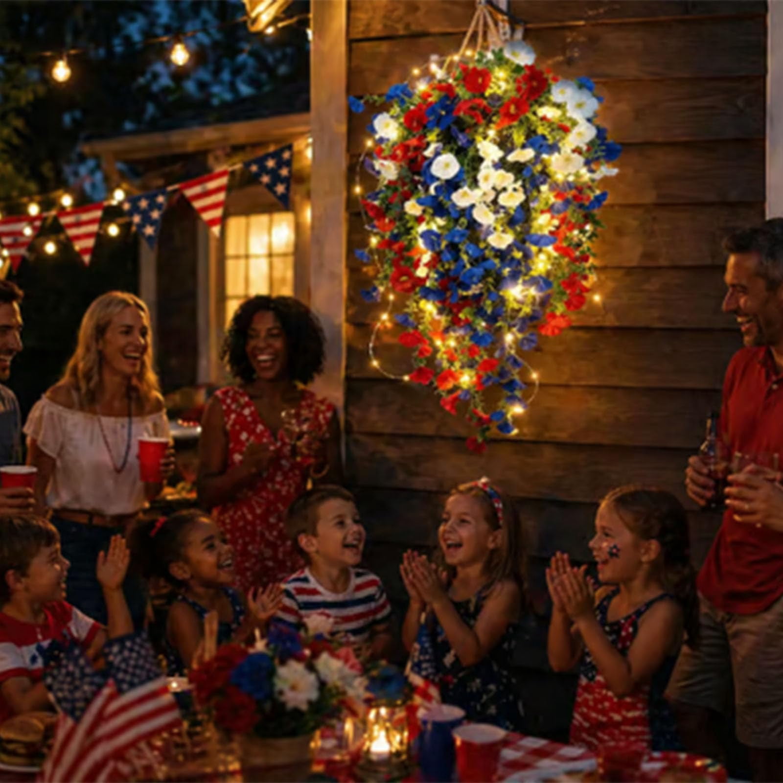 Red White and Blue Flowers Artificial Flowers, 4th of July Decorations Patriotic Artificial Flowers with Led Lights and Outdoor Hanging Morning Vines for Front Door Porch Decor Memorial Day, 9.8" A