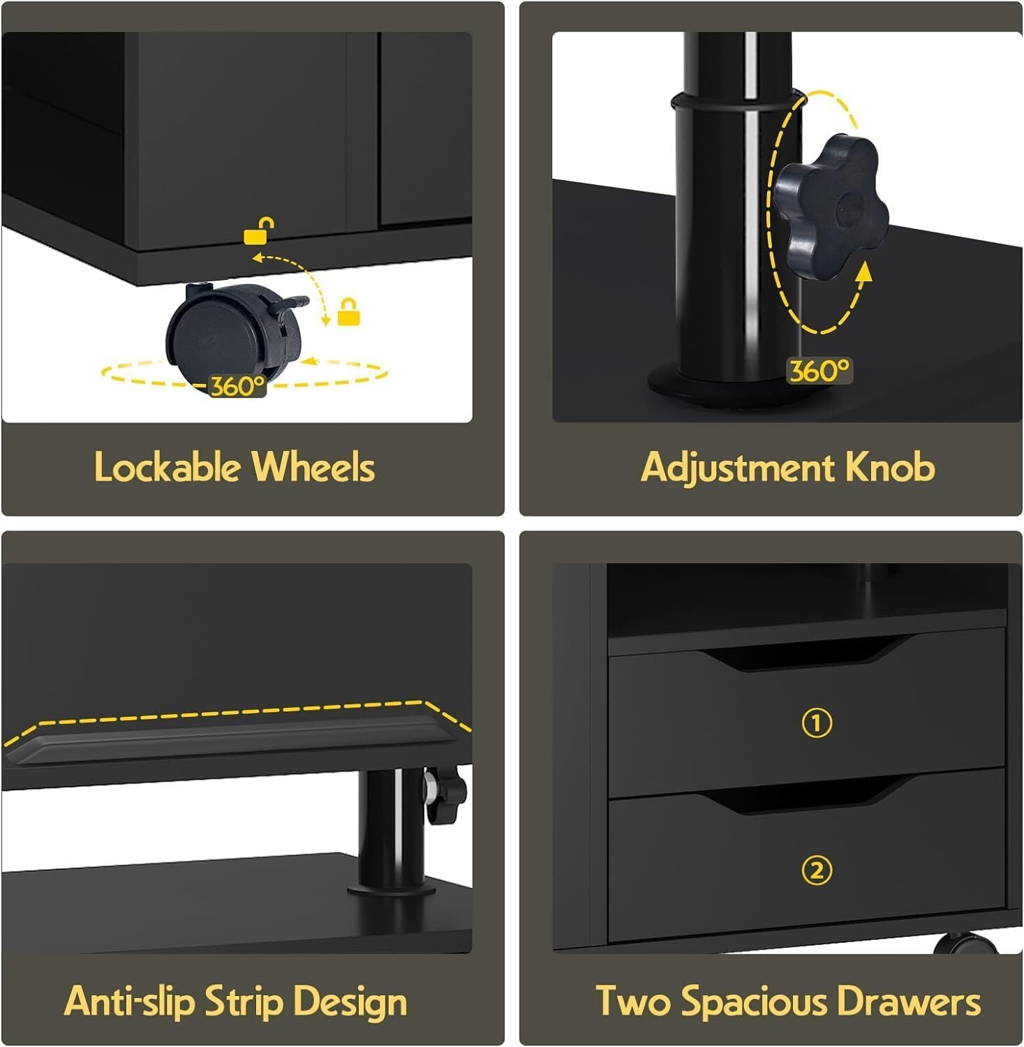 Soges Nightstand with Drawers and LED Lights, Bedside Table with Lamp, USB Charging Ports, Height Adjustable Side Table with Wheels, Rolling End Table Overbed Table, Black