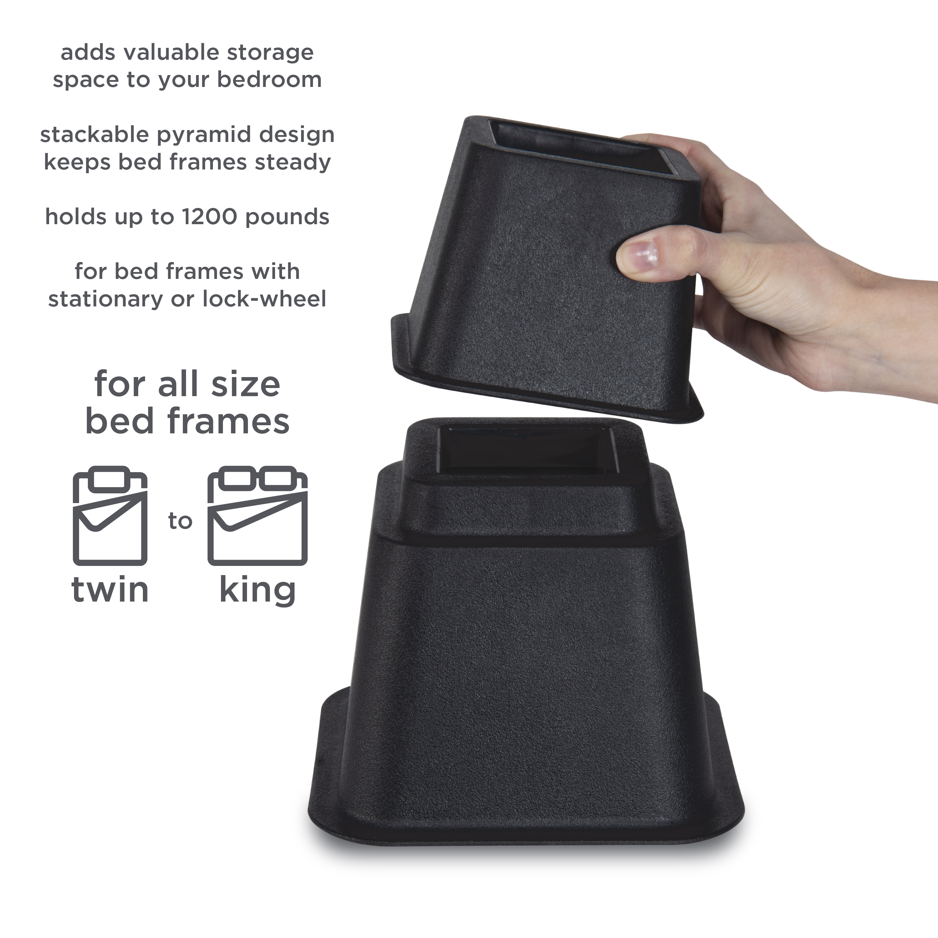 Simplify 8 Piece Plastic Adjustable 3", 5", or 8" Bed Risers Set, 4.5" x 4.5", Black