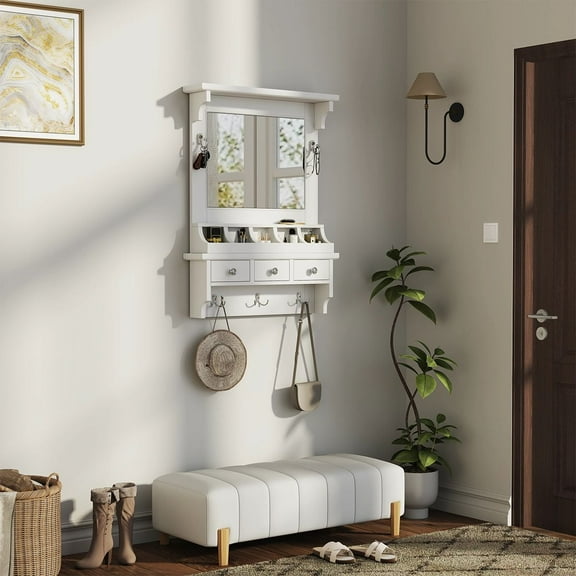 MODERNLUXE Floating Makeup Vanity Desk with Mirror,Wall Mounted Dressing Table with 3 Drawers, Pockets & Hooks for Small Space, White