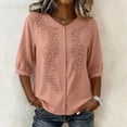 thumbnail image 3 of cocolona Womens Summer Trendy Linen Tops V Neck 3/4 Sleeve Embroidery Shirts Solid Color Dressy Casual Blouses, 3 of 3