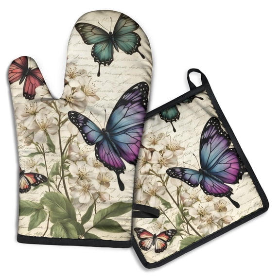 Vintage Butterfly and Flower Kitchen Oven Mitt and Pot Holder Sets 2 Pcs for Baking, Cooking and Grilling, Heat Resistant Up To 392 °F