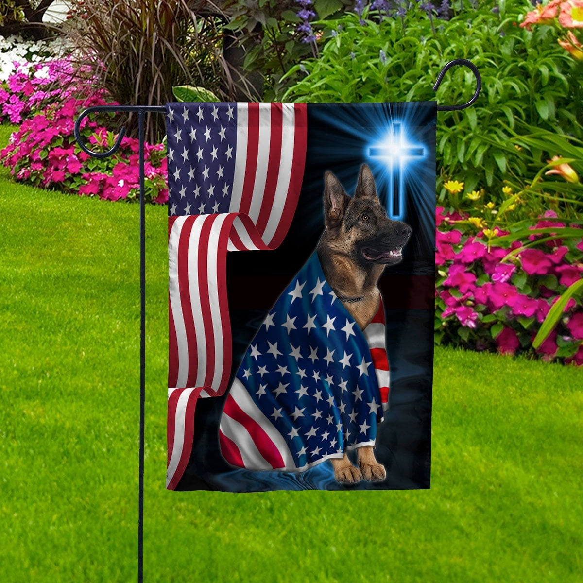 American Flag German Shepherd Dog Wearing Flag American Patriot Patriotic 4th of july House Flag, Double-Sided Decorative Outdoor Flag, Polyester Yard Flag 29.5 x 39.5 in