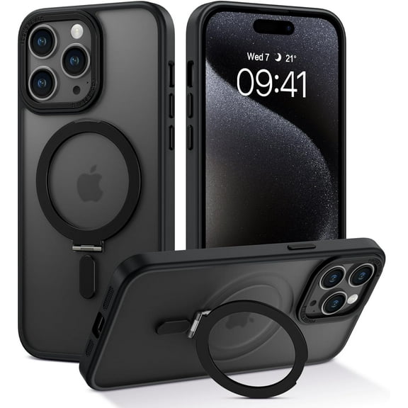 for iPhone 15 Pro Case with Invisible Magnetic Kickstand [Compatible with MagSafe] Clear Hard Back Cover Soft TPU Hybrid Protective Ring Stand Phone Case for iPhone 15 Pro, Black