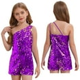 thumbnail image 2 of Aislor Kids Girls Shiny Sequins Jumpsuit Double Straps One Shoulder Sleeveless Dance Carnival Party Purple 10, 2 of 7