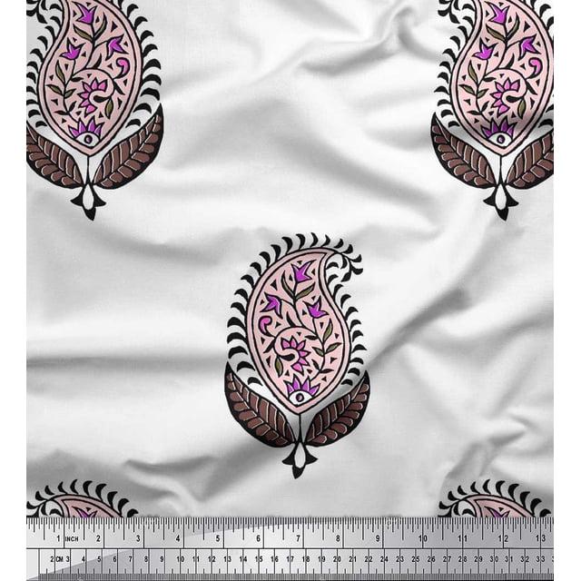 Soimoi Polyester Crepe Fabric Leaves & Paisley Block Fabric Prints by Yard 42 Inch Wide