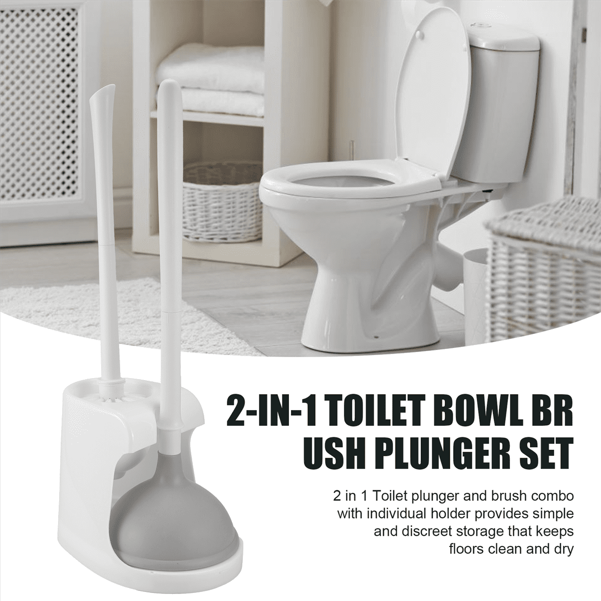Toilet Plunger and Brush 2-In-1 Toilet Bowl Brush Plunger Set with Holder for Bathroom Cleaning Tools Combo with Stand A