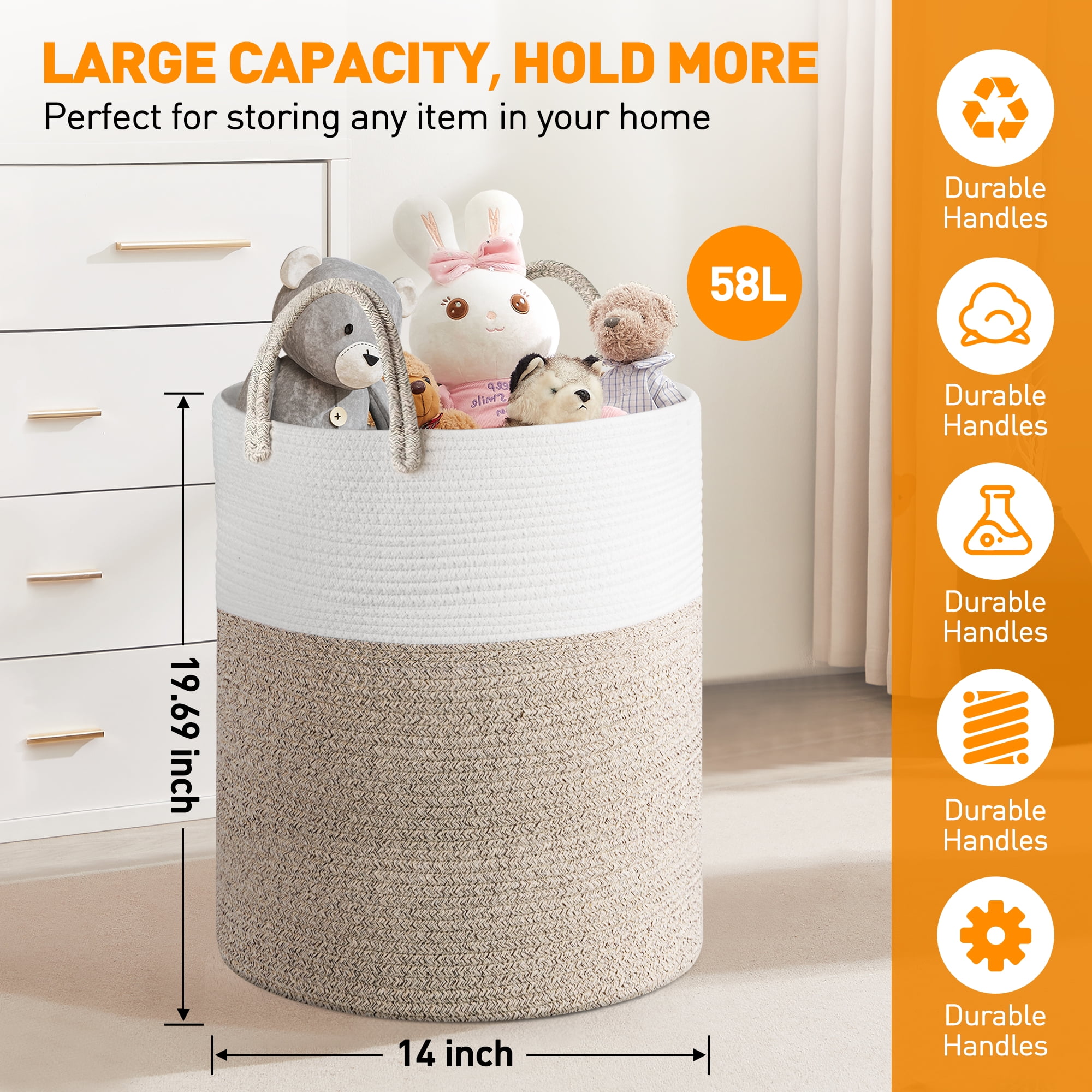 Large Cotton Rope Basket, 15"x15"x20"(58L) Woven Baby Laundry Blanket Basket, Toy Basket with Handle, Laundry Hamper for Storage, Blanket Basket for Living Room, Laundry, Nursery(Brown&White)