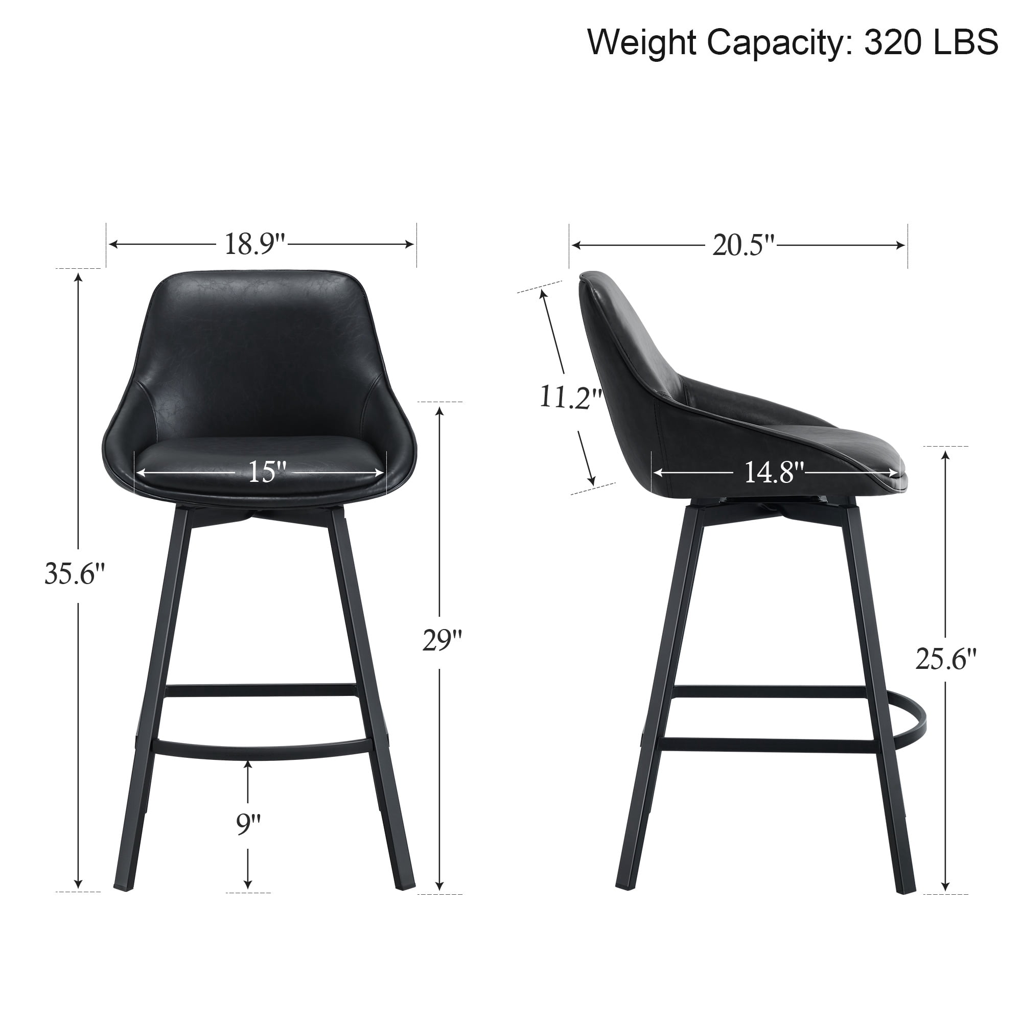 Zesthouse 25.6" Swivel Counter Height Bar Stools Set of 2, Modern Counter Height Chairs with Backs and Metal Legs, Upholstered Faux Leather Barstools for Kitchen Island, Black