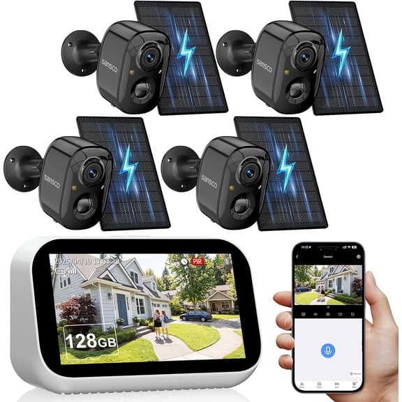 SANSCO 4 Cam Kit Wireless Solar Security Camera System Outdoor 4.4" Monitor | 128G 180-Day Storage, No Monthly Fee, 4MP Color Night Vision, 2-Way Audio, PIR Detect, 2.4/5GHz WiFi, Touch Screen All in
