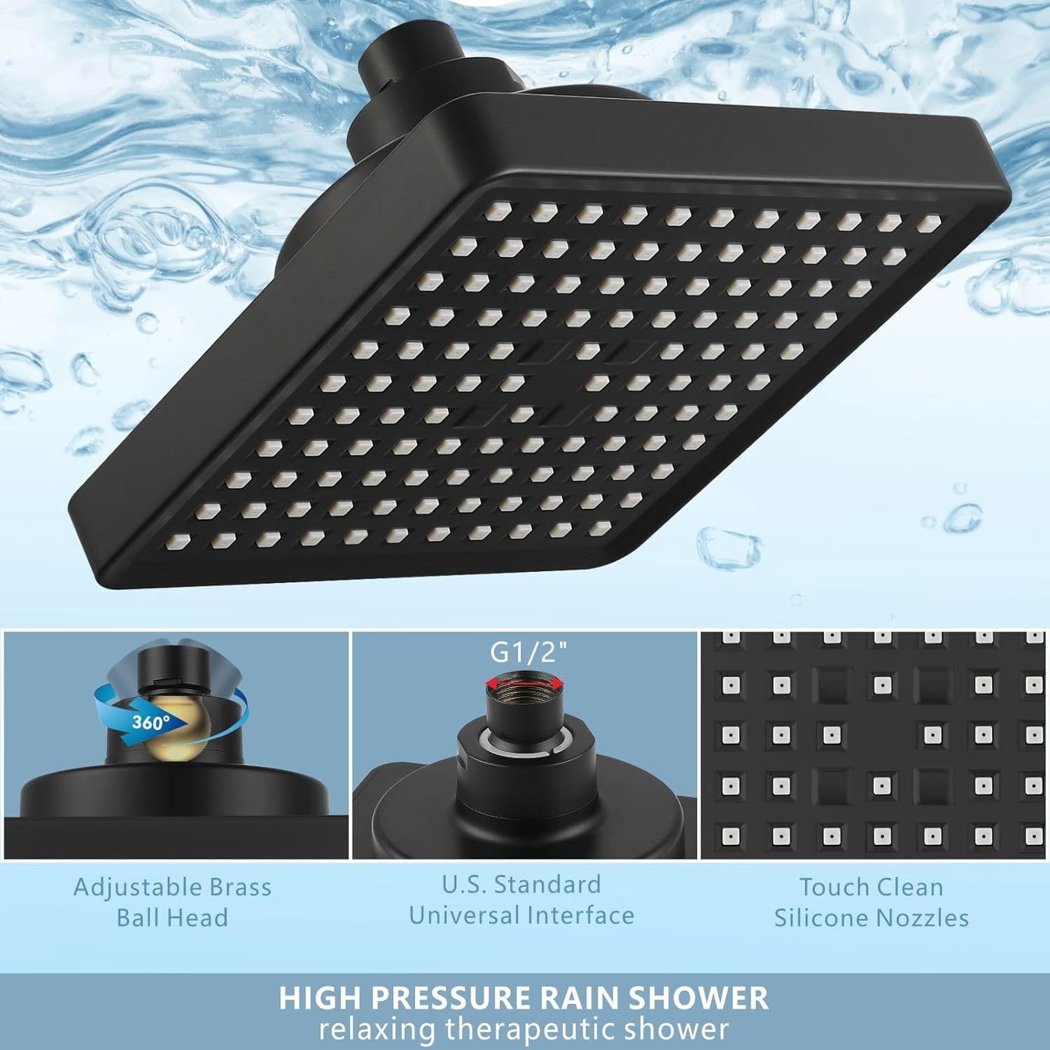 6"  Filter Shower Head with High Pressure Rain Showerhead, Adjustable Brass Ball Joint, Touch-Clean Nozzles, Anti-Clog (ABS, G1/2")