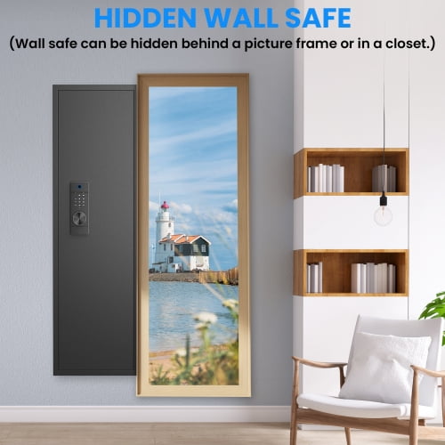53.00×15.70×5.00 Inch Fingerprint Touch Panel In-Wall Safe, Hidden Design with Adjustable Shelves, All-Steel Anti-Pry Wall Mount Gun Safe for Firearms Valuables Home Use Black