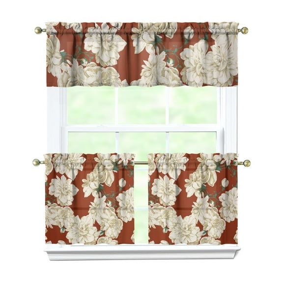 Pioneer Kitchen Curtains and Valance Set 24 Inch Tier White Flowers on Red Curtains Small Drapes for Cafe Living Room Bathroom Farmhouse 3 Pieces Set Rod Pocket
