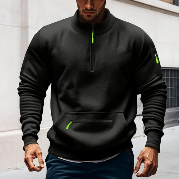Men's Fashion Solid Stand Collar Pullover with Sports Pockets, Long Sleeve Casual Sweatshirt for Street Style and Everyday Wear, Limited Time Offer