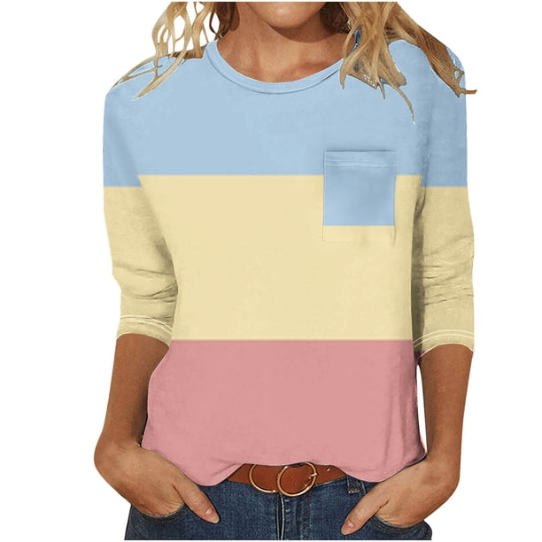 3/4 Manga Superior de las Mujeres Casual Color Sólido Cuello Redondo con Bolsillo, Blusa de Suéter para Primavera Verano Diario