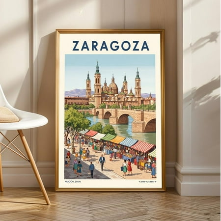 Zaragoza Basilica Del Pilar Poster: Vintage Spanish Travel Print, Stretched Canvas Size 8x12