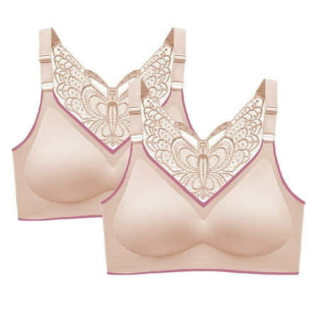 YWDJ Push up Bras for Women 2 Pack Pullover Comfortable Bras Wireless Bras Wide Strap Full Coverage Racerback Sleep Bras Padded Plus Size Bras Wrap Comfy Bras Beige L