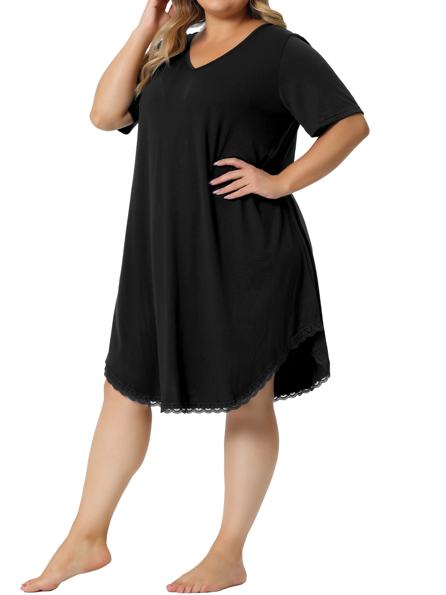 Unique Bargains Women's Plus Size V Neck Lace Trim Hem Loose Nightgown Sleepwear Pajamas 1X Black