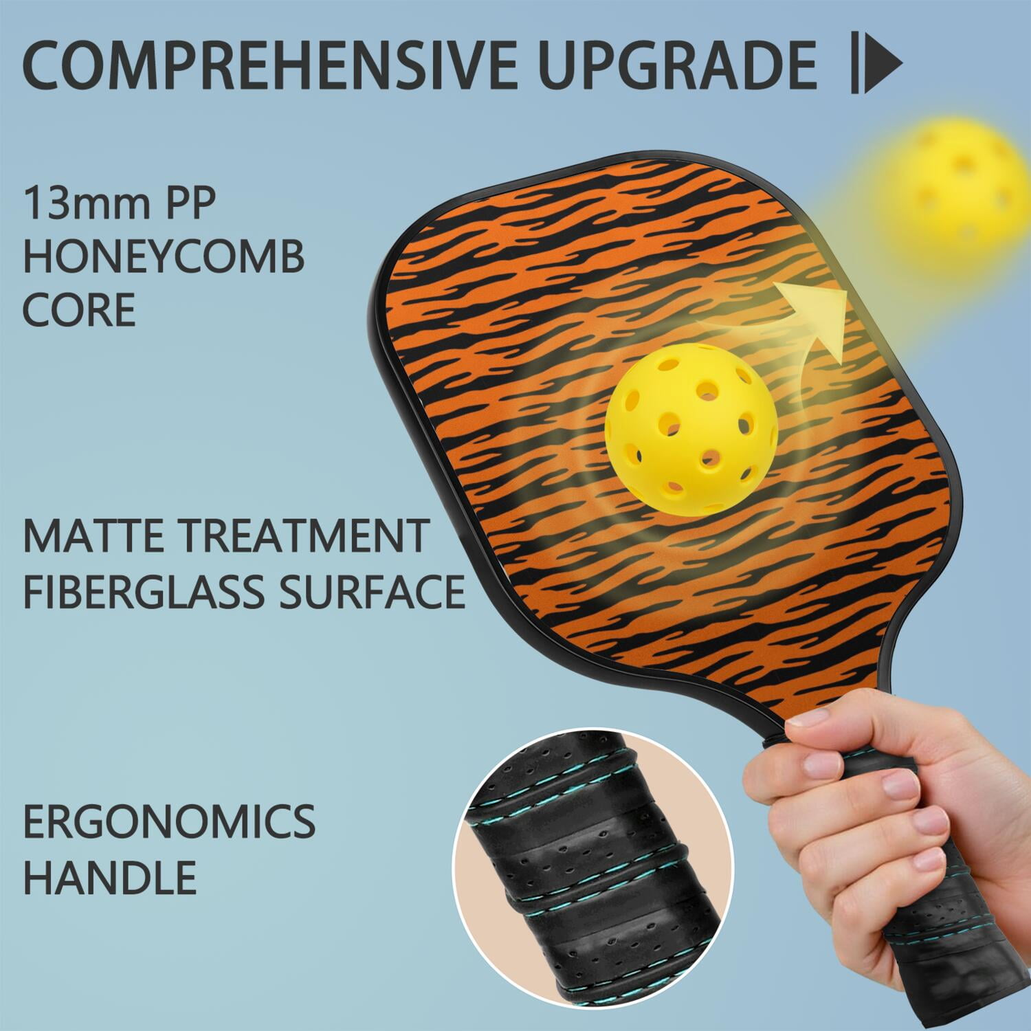 Pickleball Paddles Set Of 1, Fiberglass Surface, Animal, Leopard Print, 1 Paddle, 2 Balls & Bag