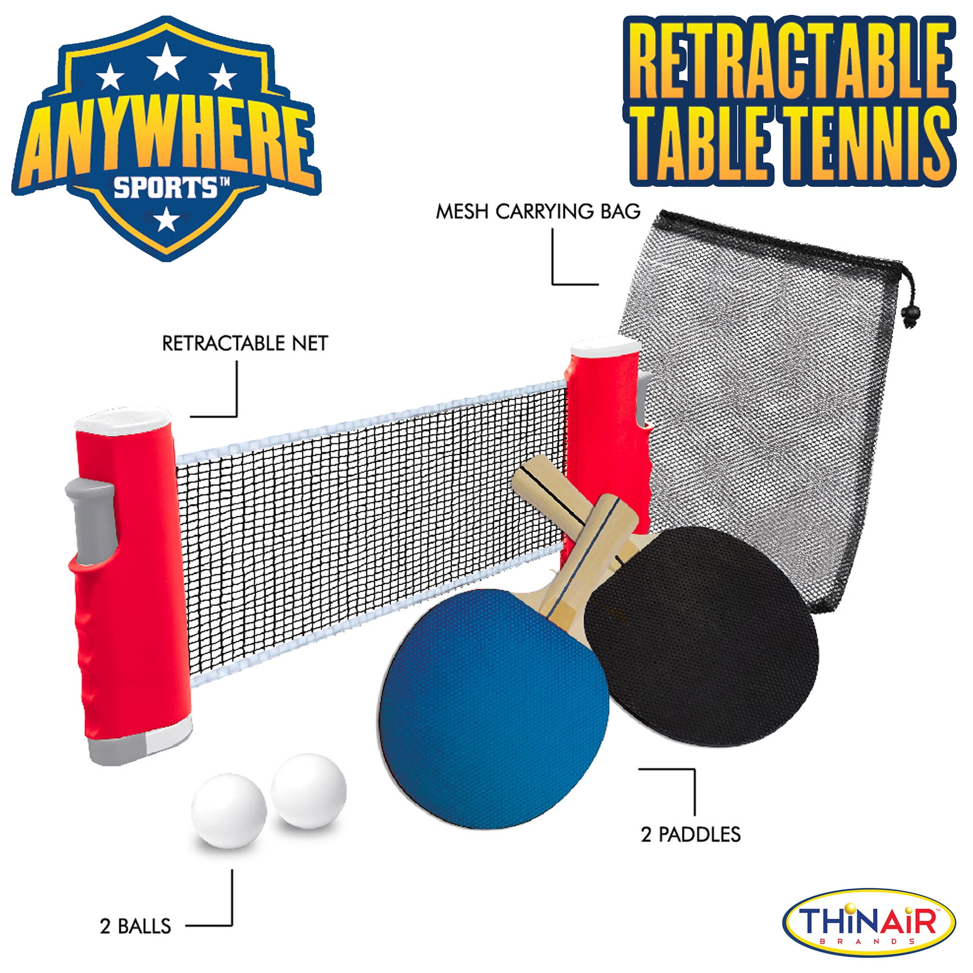 Anywhere Sports: Retractable Table Tennis - 6pc Sports Game Set, Extends To 70", Net, Paddles, Ping Pong Balls, Mesh Storage Bag, Indoor-Outdoor Play