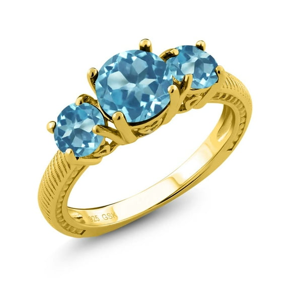 Gem Stone King 2.40 Ct Round Swiss Blue Topaz 18K Yellow Gold Plated Silver 3 Stone Ring (Size 5)