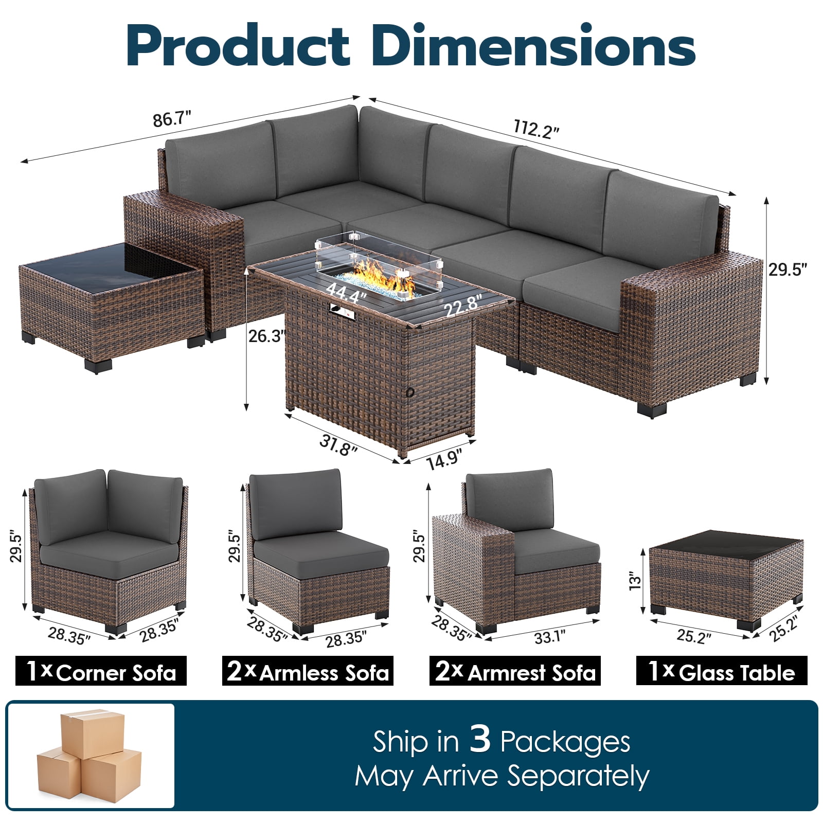 ELPOSUN Outdoor Sectional Furniture Set with Fire Pit Table, 7-Piece Brown Rattan Wicker Conversation Sofa Set for Porch Garden Backyard Balcony,Gray