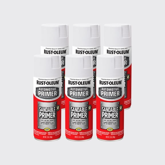 6 Pack, White, Rust-Oleum Automotive Flat Sandable Primer Spray-260737, 12 oz