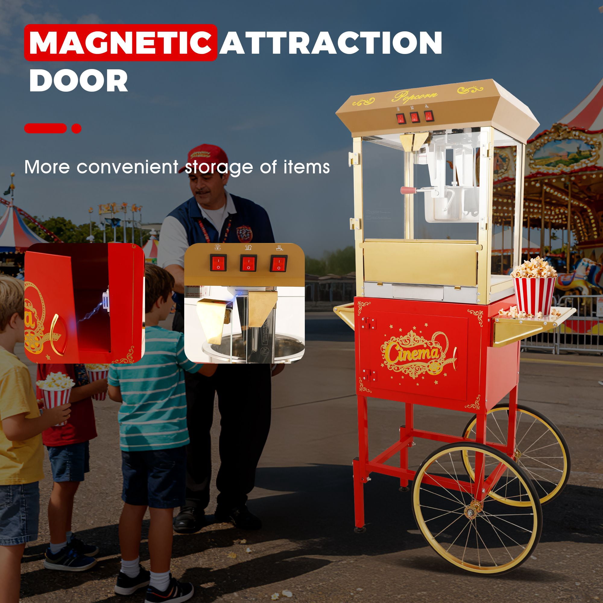 16Oz Commercial Popcorn Machine With Cart and 16 Oz Kettle , Movie Theater Popcorn Machine, Red Gold Pop Corn Machine with 3-Switch Control & Steel Frame Tempered Glass Doors