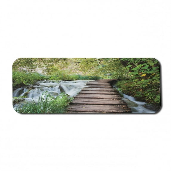 Jungle Computer Mouse Pad, Wooden Footbridge Along the Stream in Greenery Jungle Waterscape Scenery, Rectangle Non-Slip Rubber Mousepad Large, 31" x 12" Gaming Size, Brown Green White, by Ambesonne