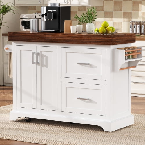 53 Inch Large Kitchen Island with 3.5 Inch Thick Desktop, Rolling Kitchen Cart with Storage, 2 Drawers, Adjustable Shelf, Spice and Towel Racks for Kitchen, Dining Room, White