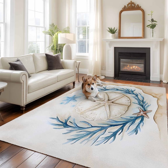 5'x8' Area Rugs, Blue Beige Coastal Indoor Outdoor Area Rug for Living Room Bedroom, Beach Nautical Coral Starfish Shell Washable Bathroom Rugs Kitchen Floor Carpet Mats Home Decor Aesthetic