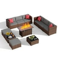 thumbnail image 3 of Noelse 11 Piece Outdoor Patio Furniture Set with Fire Pit Table, All-Weather Wicker Sectional Sofa, Ottomans, Chairs & 2 Coffee Table, Gray Cushions Included, 3 of 9