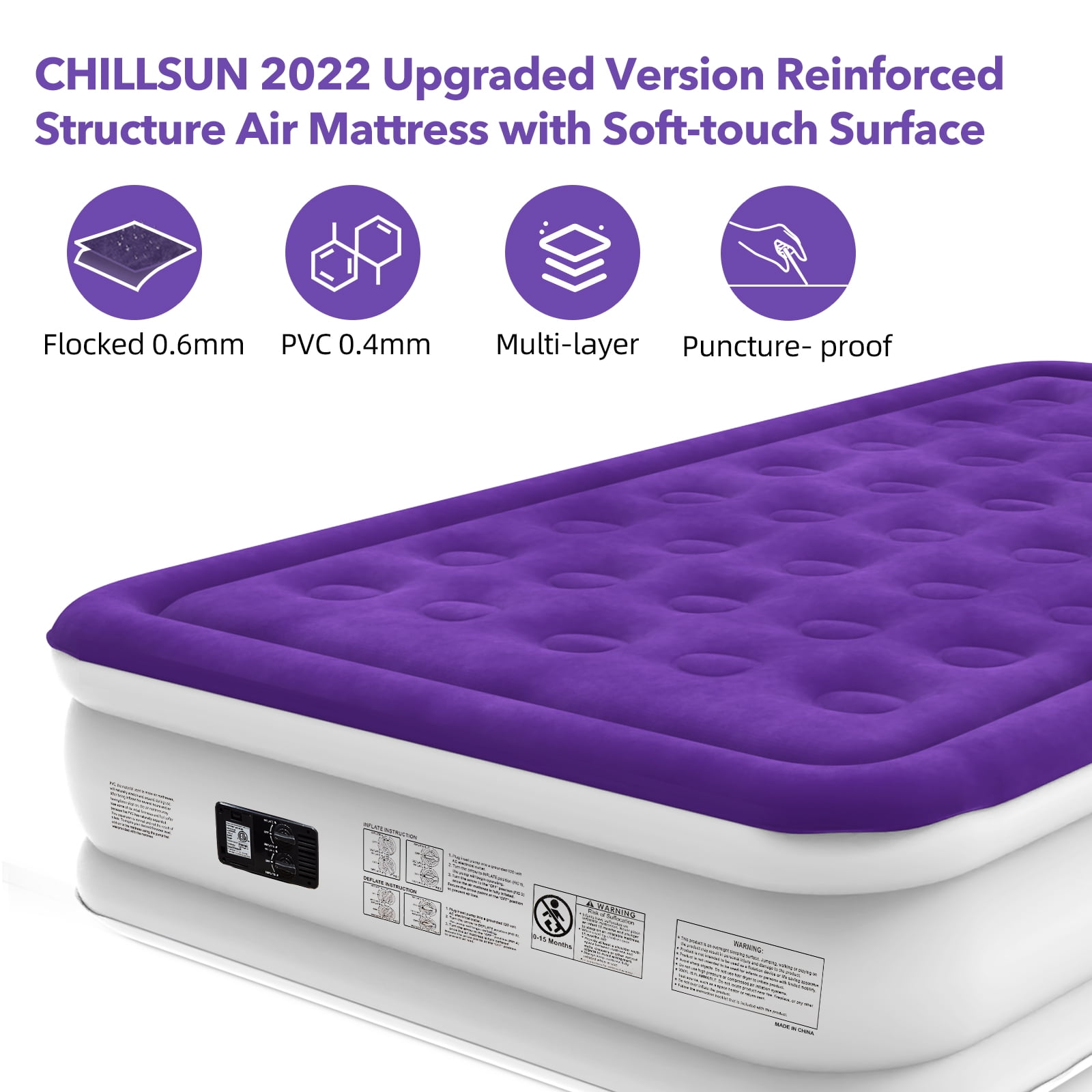 CHILLSUN Queen Air Mattress with Built-in Pump, 18" Double-High Inflatable Bed for Home & Camping