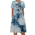 thumbnail image 2 of Sakmal Crew Neck Dresses for Women Elegant Mid-Length Blue Graphic Short Sleeve Basic Shift Dress, 2 of 5